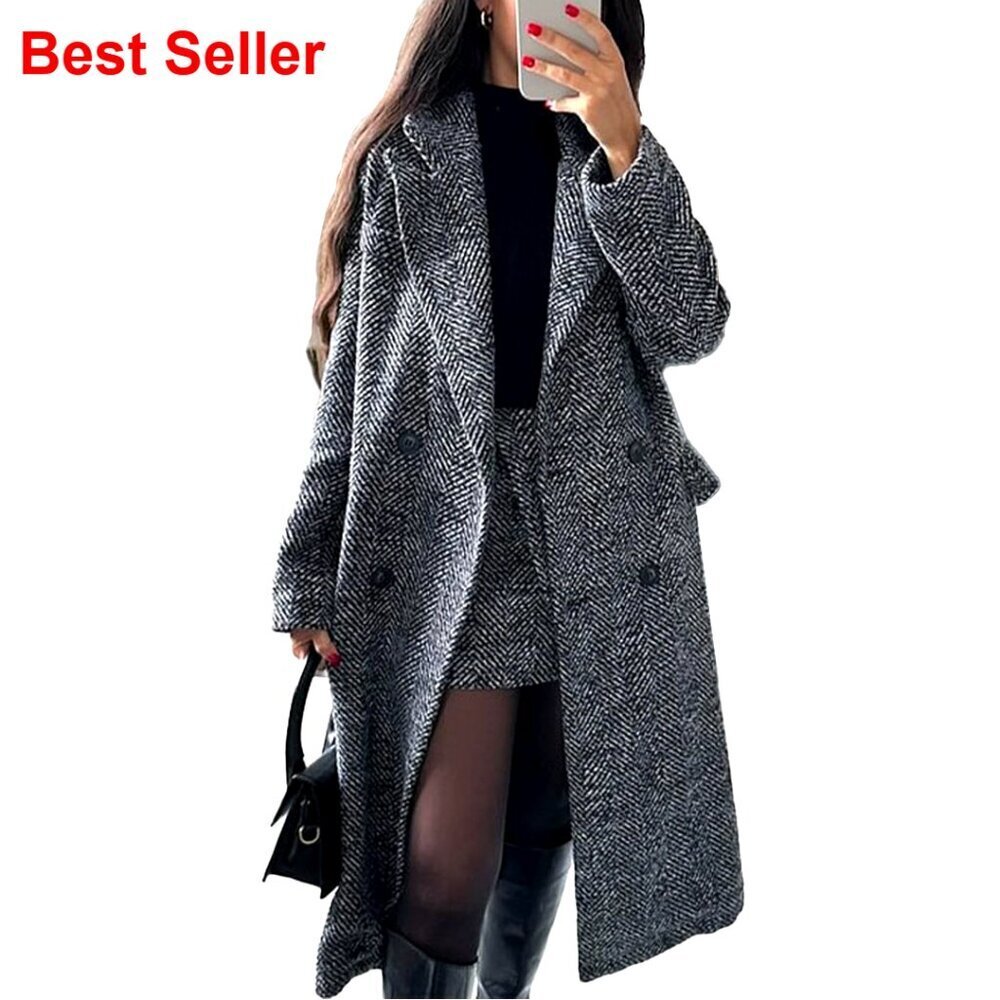 Wool and Polyester Herringbone Trench Coat Double Breasted Notch Collar